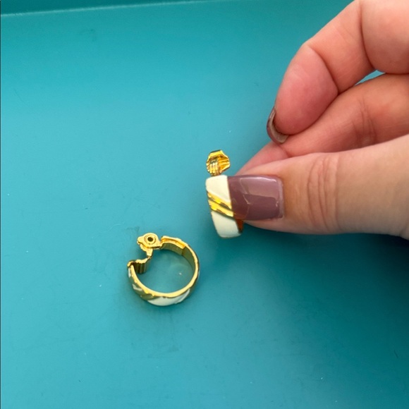 Monet Gold and White Hoop Earrings - Picture 1 of 3